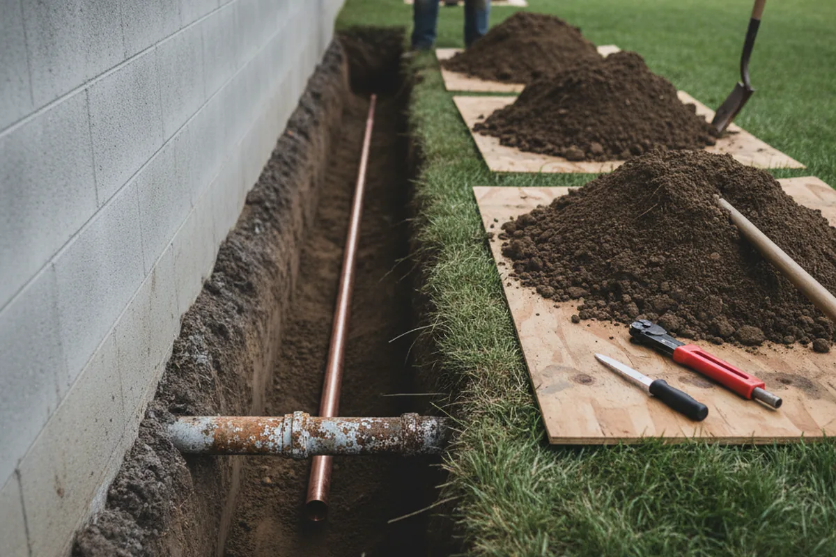 Excavated water line trench during Water Softener Installation in Willsboro